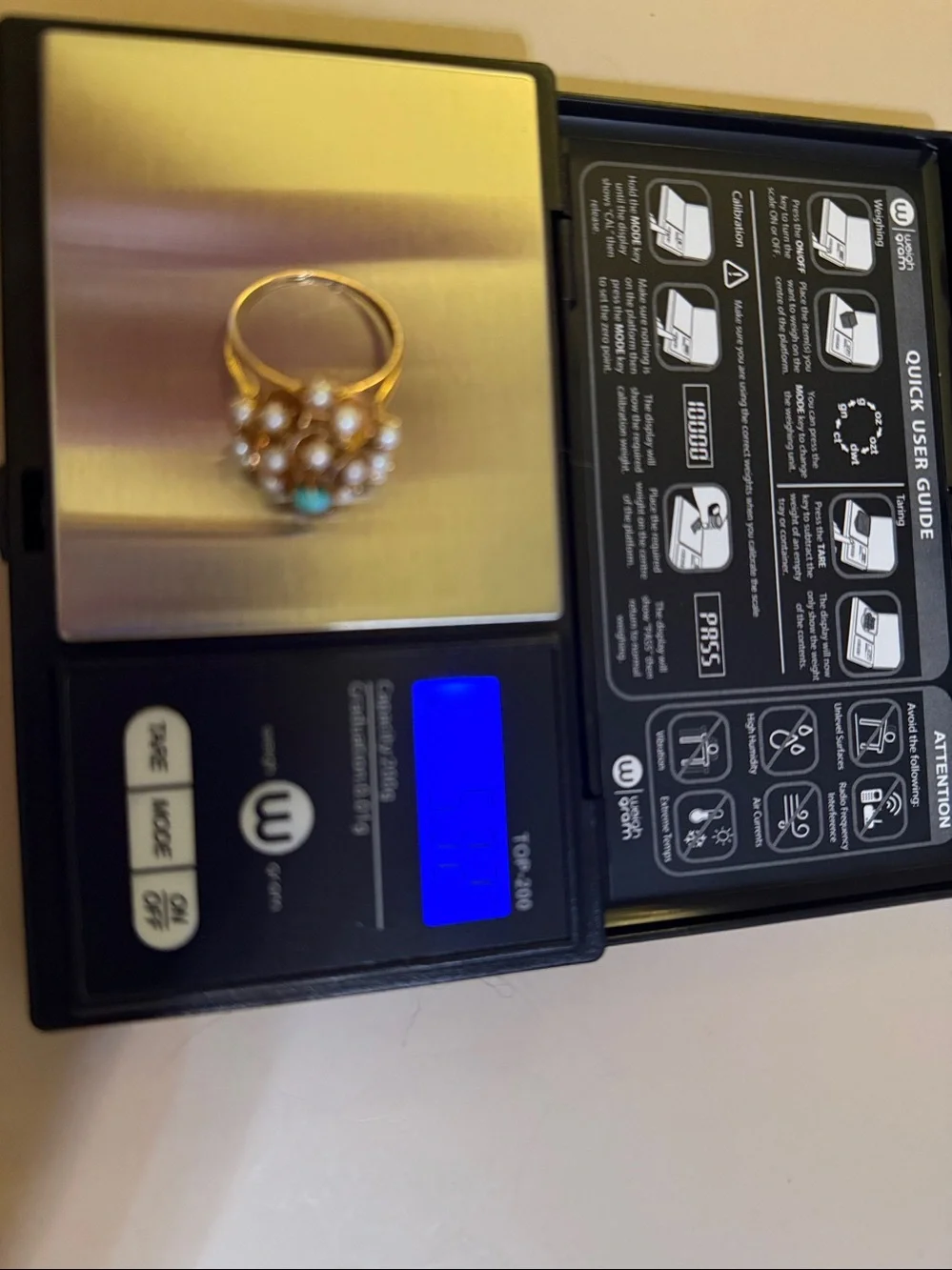 Vintage 14K Gold Pearl & Natural Turquoise Floral Cluster Ring